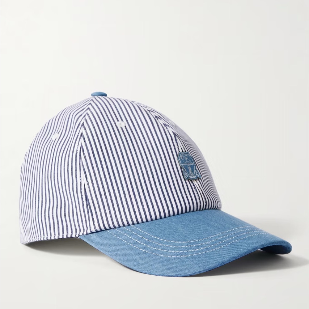 NWT Brunello Cucinelli Appliquéd Striped Cotton-Blend Twill Baseball Cap (M)